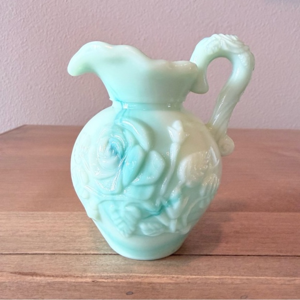 Avon vintage green/blue milk glass pitcher with roses